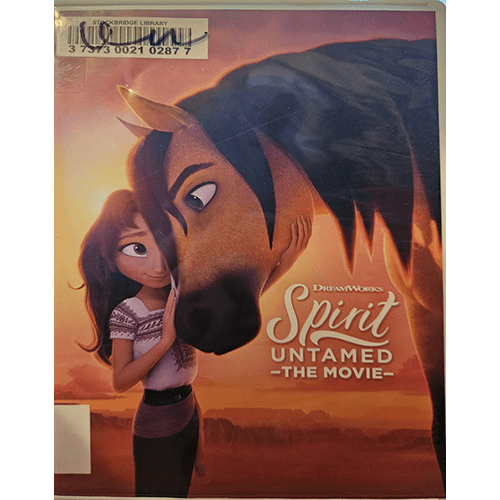 Cover of Spirit Untamed: The Movie showing a young girl, Lucky, touching the face of a wild mustang, Spirit, against a sunset backdrop. A warm portrayal of friendship and adventure in a stunning landscape.