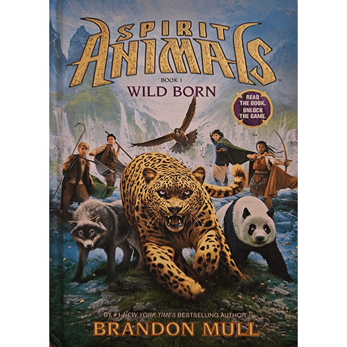 Cover of Spirit Animals: Wild Born by Brandon Mull shows a group of children with spirit animals—a wolf, leopard, panda, and falcon—embarking on an adventure in a mountainous landscape.