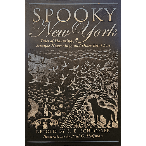 Cover of Spooky New York by S.E. Schlosser, featuring black-and-white illustrations of a haunted village, flying birds, and a silhouetted figure under a spooky sky. A chilling, gothic design.