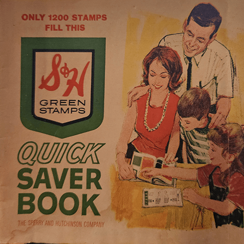 Vintage S&H Green Stamp Quick Saver Book cover, featuring a cheerful family with two children, showing how collecting green stamps could bring families together for shared rewards.