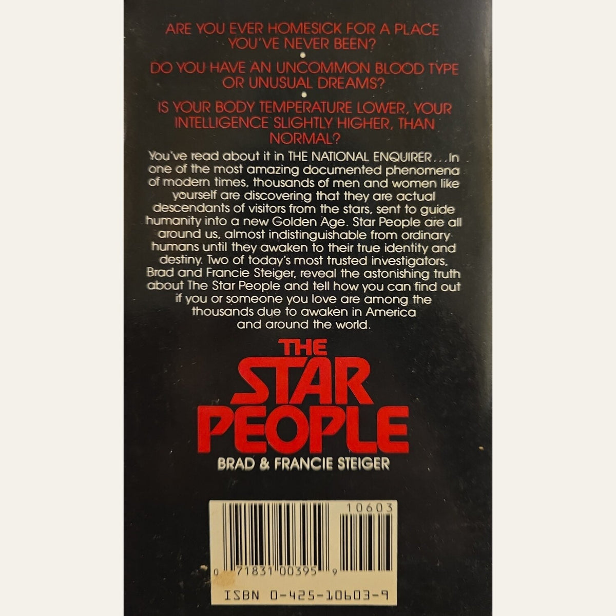 Back cover of The Star People describing extraterrestrial ancestry and people awakening to their alien identity
