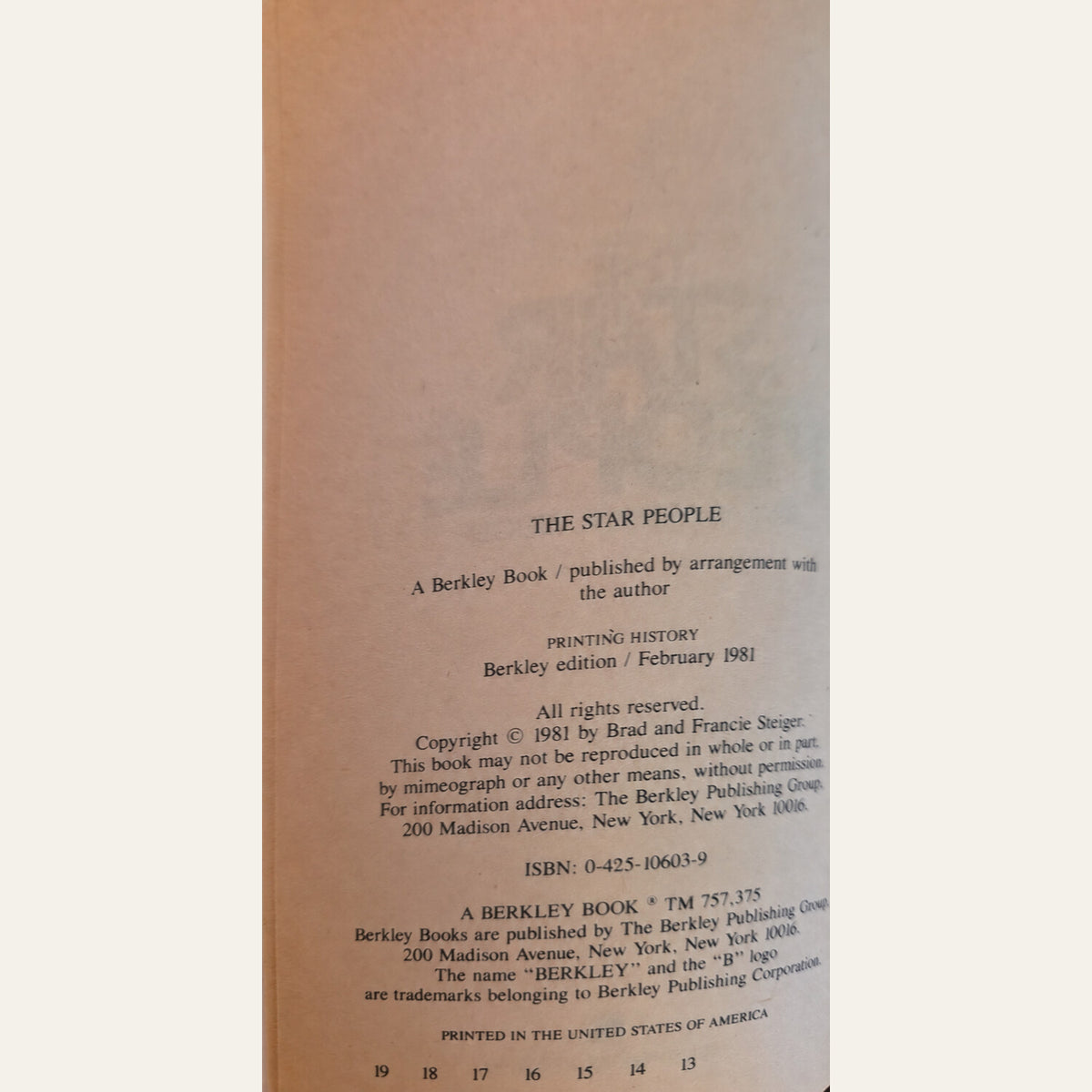 Copyright page of The Star People showing the Berkley printing history and ISBN