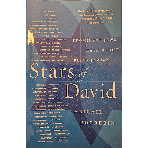 The cover of Stars of David features a blue geometric starburst design with gold and white lettering listing prominent Jewish figures included in the book.