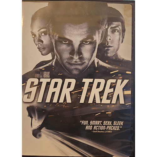 DVD cover of Star Trek, directed by J.J. Abrams, featuring intense portraits of main characters Kirk, Spock, and Uhura with a dark background. Tagline reads: "Fun, smart, sexy, sleek, and action-packed."