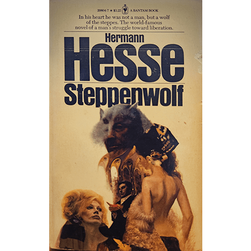 Cover of Steppenwolf by Hermann Hesse features an abstract design with a wolf's head emerging from a man's figure, surrounded by surreal, mysterious characters in rich, earthy tones, conveying inner conflict.