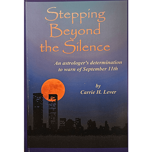 Cover of Stepping Beyond the Silence by Carrie H. Lever, featuring an orange moon over a silhouette of the Twin Towers.