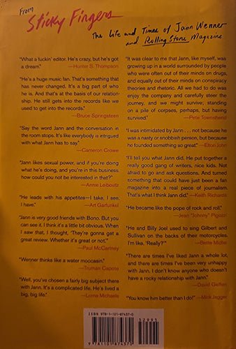 Back cover of Sticky Fingers by Joe Hagan , review quotes, and barcode