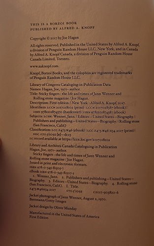 Copyright page of Sticky Fingers by Joe Hagan showing publication details and ISBN
