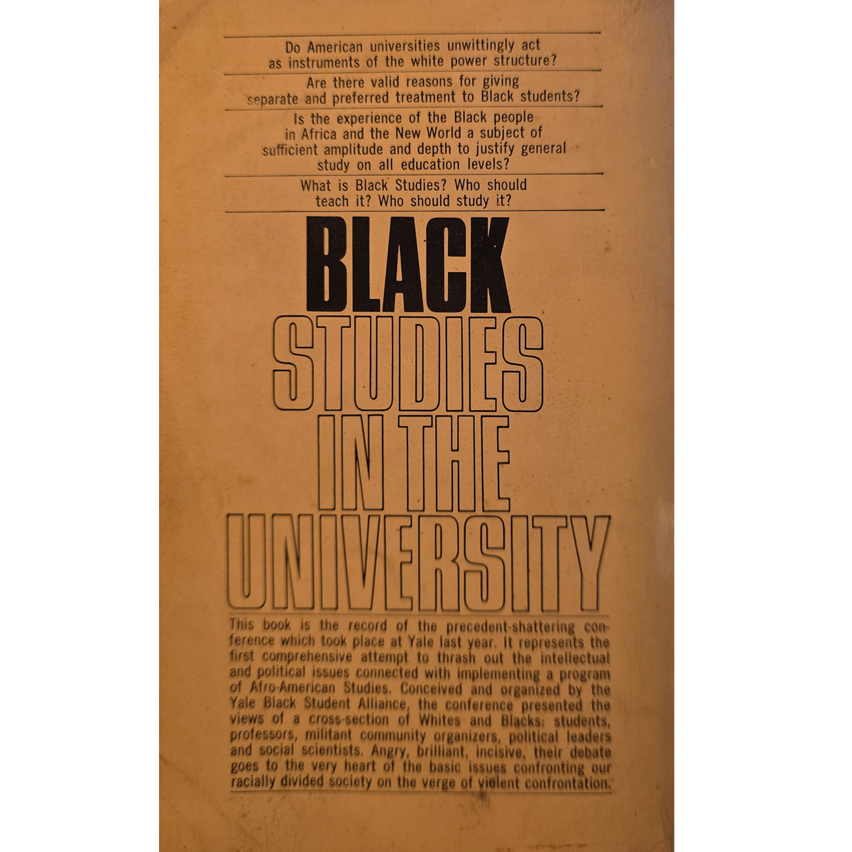 A vintage book cover titled 'Black Studies in the University' printed on aged tan paper with large black typography and smaller black text blocks.
