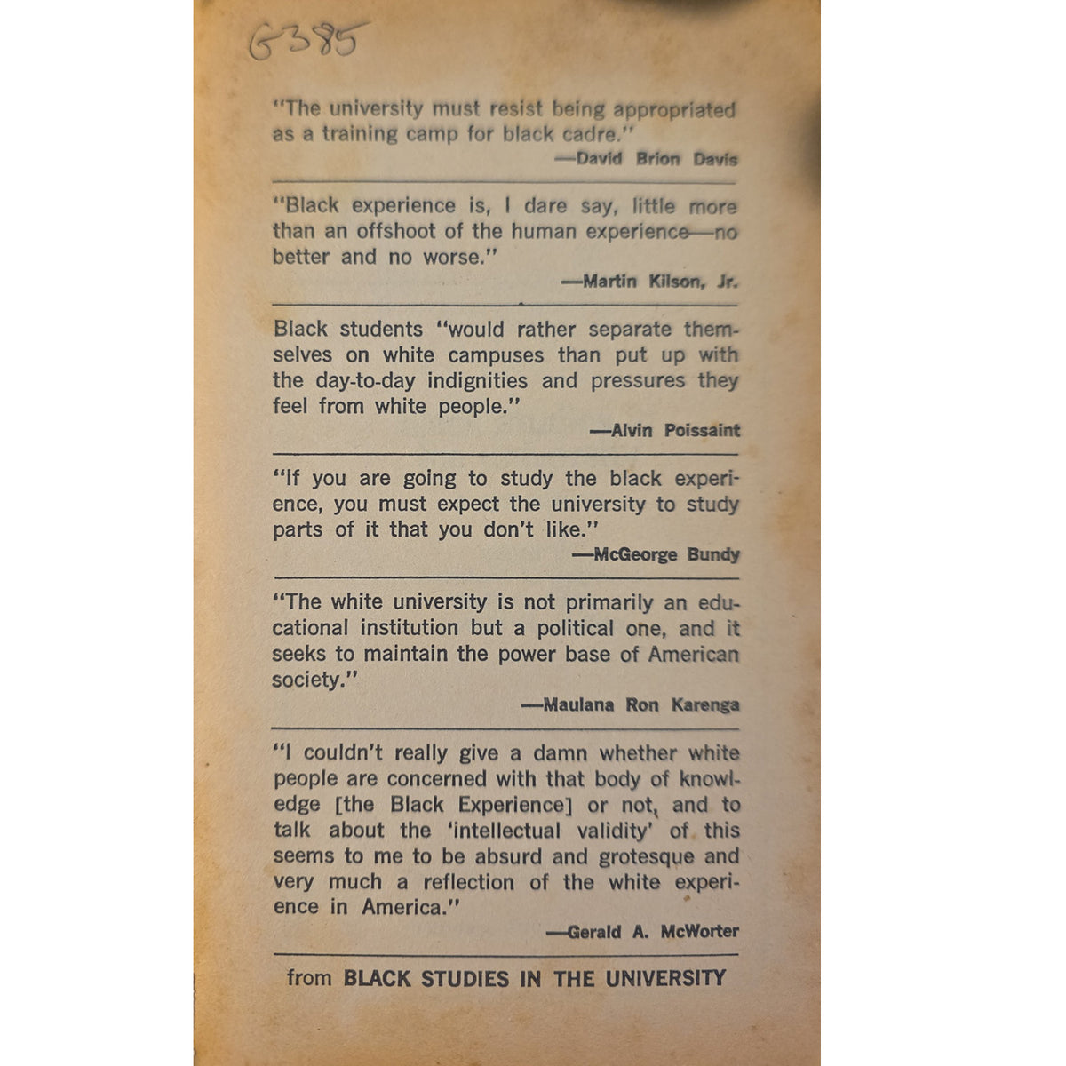 A vintage printed page from a Black Studies or Black History textbook, featuring a series of quotes from prominent civil rights and black studies scholars, printed in black ink on aged, warm tan paper.