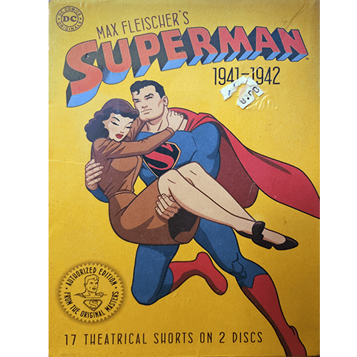 Cover of Max Fleischer's Superman 1941-1942, featuring Superman holding Lois Lane in classic vintage style. Yellow background with bold title text and "17 theatrical shorts on 2 discs" displayed.