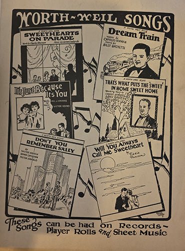 Back cover of late 1920s sheet music promoting Worth-While Songs available on records, player rolls, and sheet music
