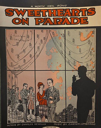 Front cover of vintage sheet music “Sweethearts on Parade” showing illustrated urban night scene with bandleader silhouette