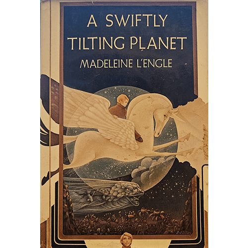 Cover of A Swiftly Tilting Planet by Madeleine L'Engle. Illustration features a boy riding a white, winged unicorn, flying above a cosmic landscape. Intricate earth and ocean motifs create a mystical vibe.