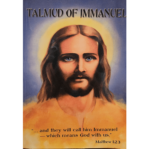 Cover of "Talmud of Immanuel" featuring a striking portrait of Immanuel with long hair, a halo, and intense blue eyes, set against a gradient blue and yellow background with the subtitle referencing Matthew 1:23.