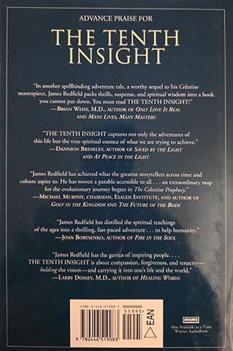 Back cover of The Tenth Insight with advance praise and ISBN barcode