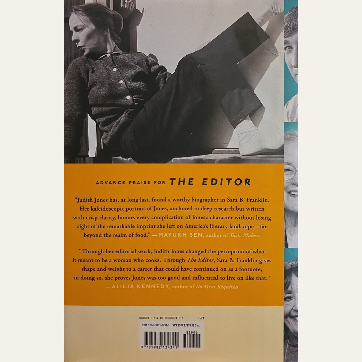 The back cover of a book, featuring a large mustard yellow review section with quotes, a barcode, and a vertical collage of black-and-white and teal portrait photographs along the right side.