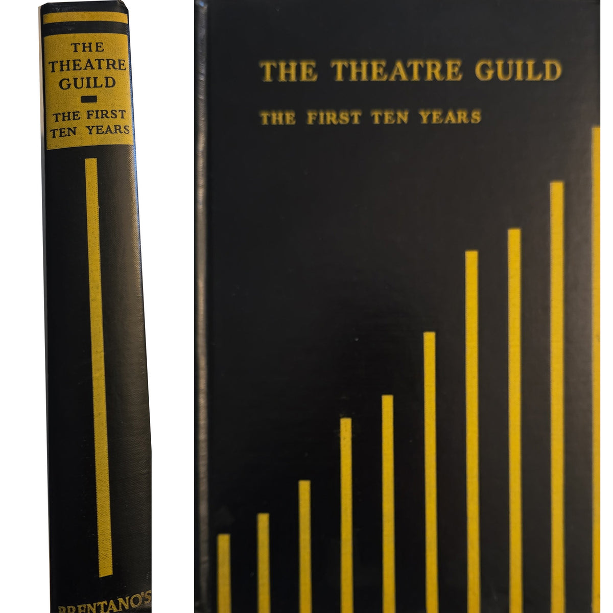 A book titled 'The Theatre Guild: The First Ten Years' shown in a clean product shot, with the front cover on the right and the spine on the left. The cover and spine are black with gold text and gold vertical bar graphics.