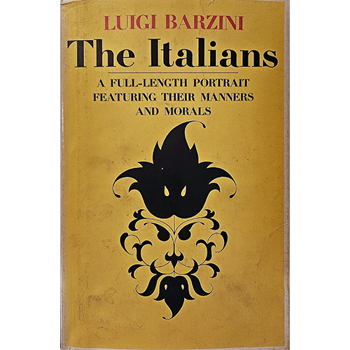 The cover of The Italians by Luigi Barzini features bold typography and an ornate design symbolizing Italian culture, perfectly encapsulating the depth and elegance of the book.