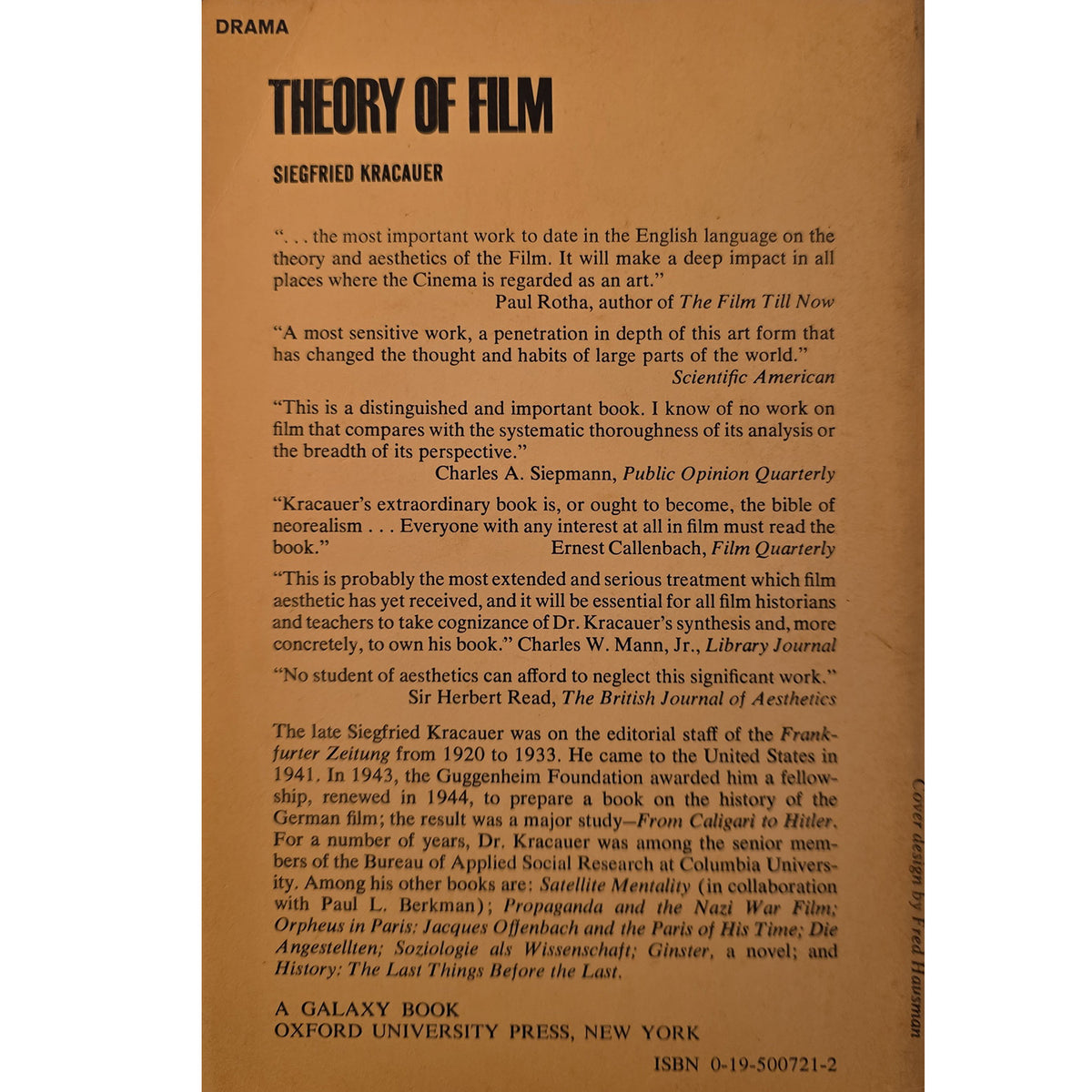 Back cover of the 1976 Oxford paperback edition of Siegfried Kracauer’s Theory of Film.