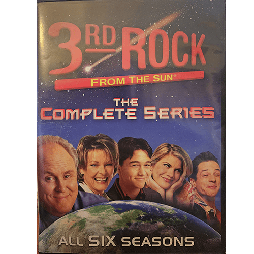 DVD cover of 3rd Rock from the Sun: The Complete Series, showcasing cast members John Lithgow, Jane Curtin, Joseph Gordon-Levitt, Kristen Johnston, and French Stewart with a space-themed background.