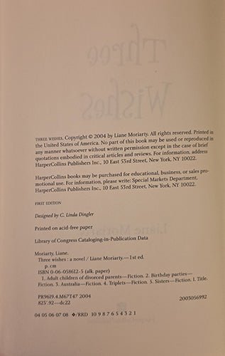 Copyright page of Three Wishes showing first edition 2004