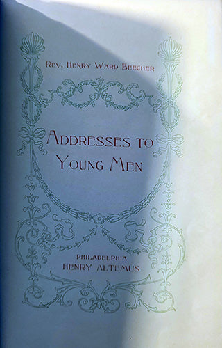 Vintage book cover for 'Addresses to Young Men' by Rev. Henry Ward Beecher, featuring ornate pale green decorative border illustrations and red serif text on a light blue background.