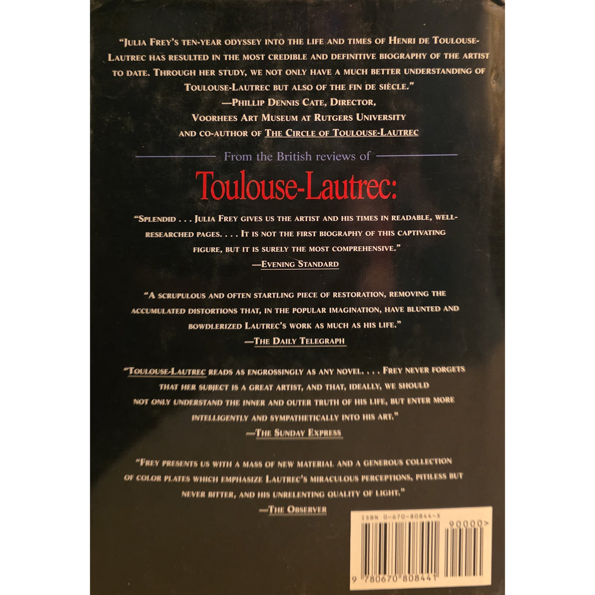 The back cover of a book titled 'Toulouse-Lautrec: From the British reviews' on a black background, with multiple review quotes in white and red text and a barcode at the bottom right.