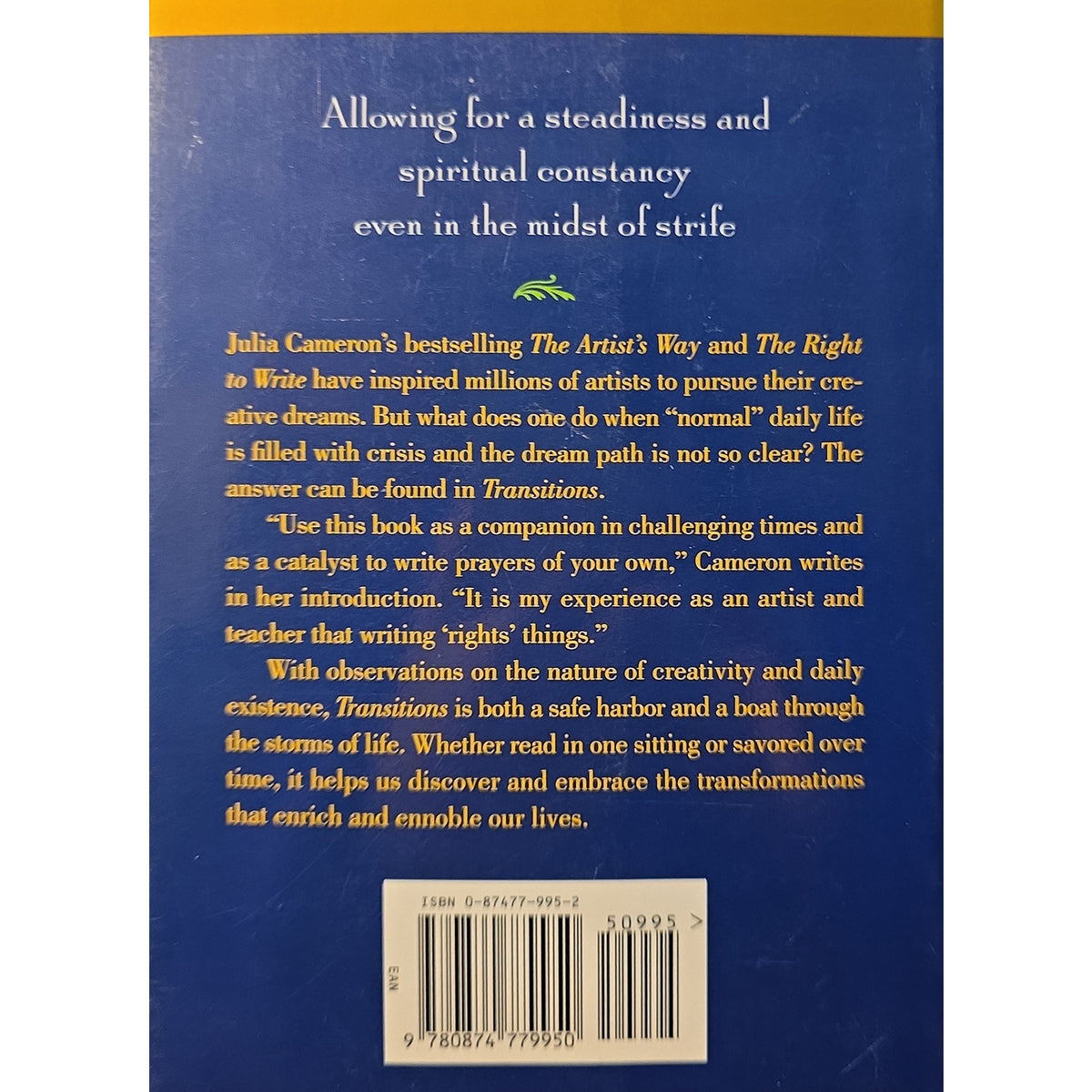 The back cover of the book 'Transitions' by Julia Cameron, featuring a dark blue background with white and gold text and a barcode at the bottom.