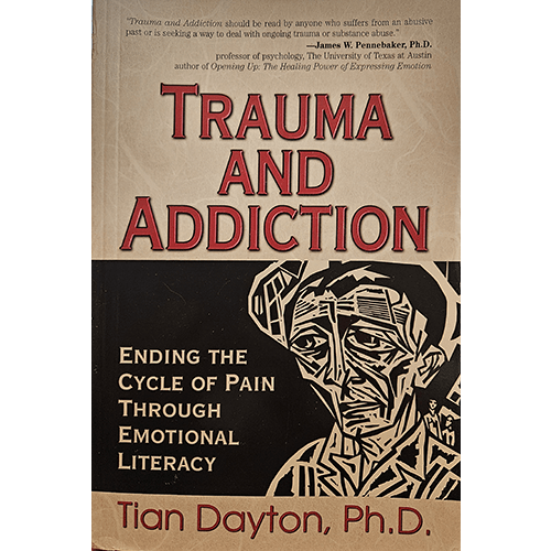 The cover of Trauma and Addiction by Tian Dayton, Ph.D., features bold red and black typography with a woodcut-style illustration of a face in distress, symbolizing the struggle between trauma and addiction.