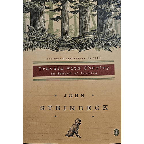 Cover of "Travels with Charley" by John Steinbeck features an illustration of a forest with tall trees, and a small image of a dog at the bottom. The title is centered in a red banner against a beige background.