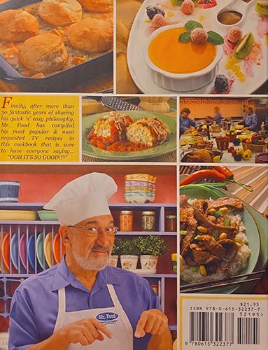 Back cover of Mr. Food TV Favorites with food photography collage and author image