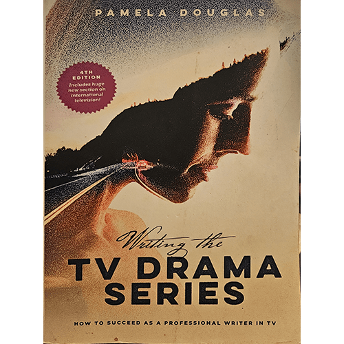 The cover of "Writing the TV Drama Series" by Pamela Douglas features a stylized profile of a person's face blended with an image of a road, symbolizing the journey of a writer crafting compelling TV dramas.