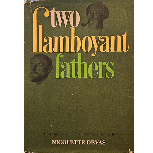 The cover of Two Flamboyant Fathers by Nicolette Devas features an earthy green background with large stylized text in orange and green, along with illustrations of two men's faces at the top of the cover.