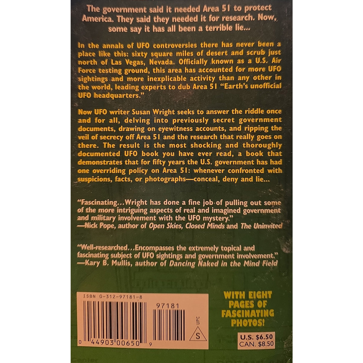 Back cover of the paperback book 'Earth's Unofficial UFO Headquarters' by Susan Wright, featuring a dark green background with white text, a barcode, and a yellow promotional badge.