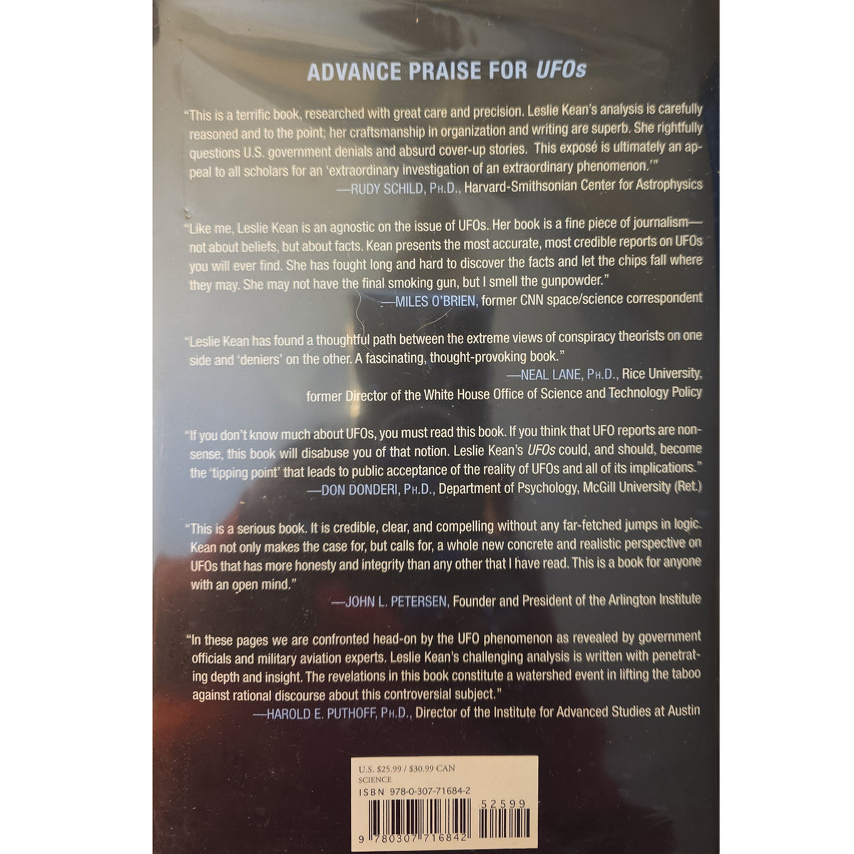 The back cover of a book titled 'ADVANCE PRAISE FOR UFOs' showing multiple review quotes, a barcode, and a white background.
