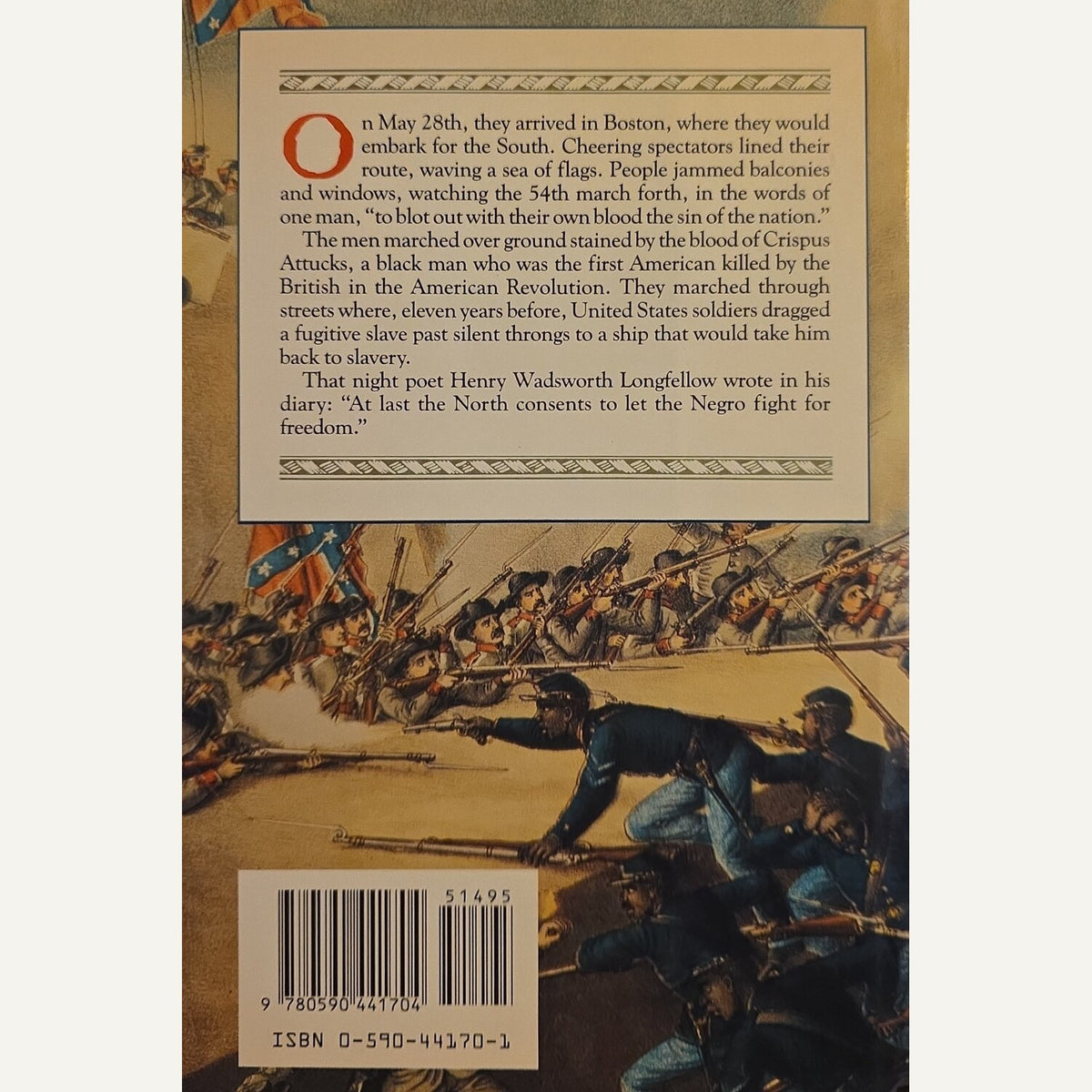 Back cover of a book showing a beige title block with black text, a barcode at the bottom, and an illustrated historical battle scene in brown, blue, and beige tones.