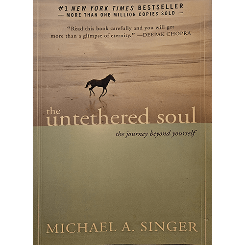 The cover of "The Untethered Soul" by Michael A. Singer features a lone horse on a vast, serene beach, symbolizing the journey of self-discovery. The title and author's name are set in calming earth tones.