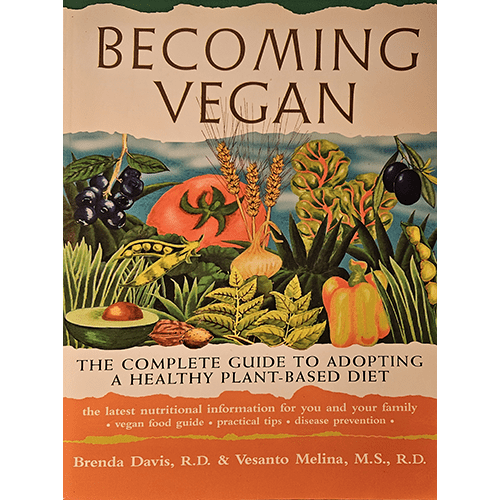 The cover of "Becoming Vegan" features vibrant illustrations of vegetables and grains, emphasizing a healthy, plant-based diet. It highlights the title and subtitle in bold, underscoring the book's practical focus.