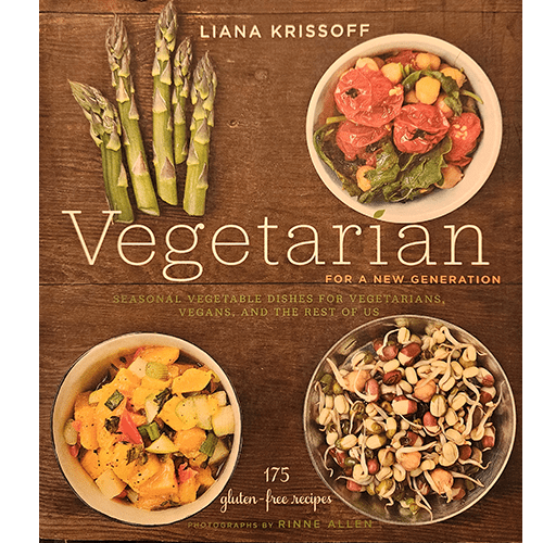 The cover of "Vegetarian for a New Generation" by Liana Krissoff showcases vibrant dishes, including roasted tomatoes, sprouts, and vegetable medleys, with fresh asparagus in a rustic, appetizing layout.