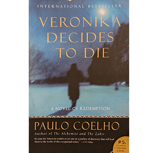 Cover of Veronika Decides to Die by Paulo Coelho features a woman’s silhouette against a somber, dreamy background, hinting at introspection, transformation, and the blurred lines of reality.