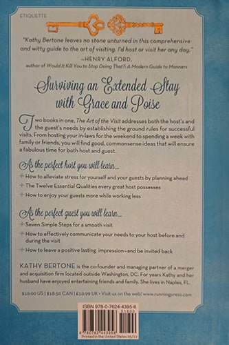 Back cover of a book titled 'Surviving an Extended Stay with Grace and Poise' by Kathy Bertone, featuring text and a quote from Henry Alford.