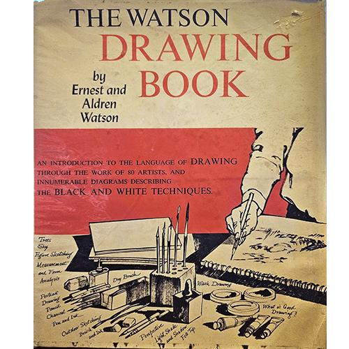 Front cover of The Watson Drawing Book by Ernest and Aldren Watson, featuring illustrations of drawing tools and techniques. The book is a detailed guide to black and white drawing techniques.