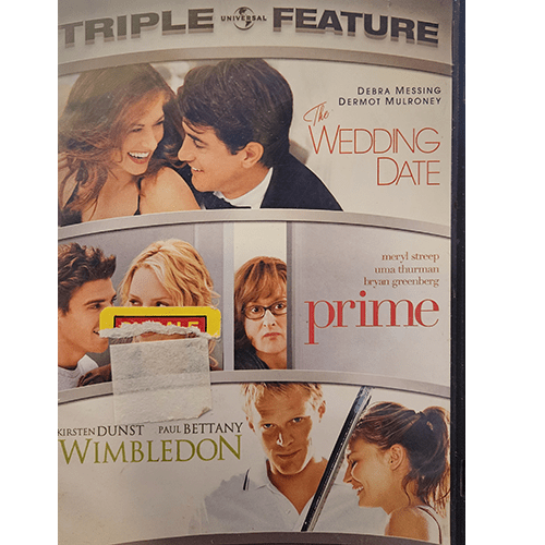  Triple Feature DVD cover featuring scenes from The Wedding Date with Debra Messing and Dermot Mulroney, Prime with Meryl Streep, and Wimbledon with Kirsten Dunst and Paul Bettany. Labeled as a Universal release.