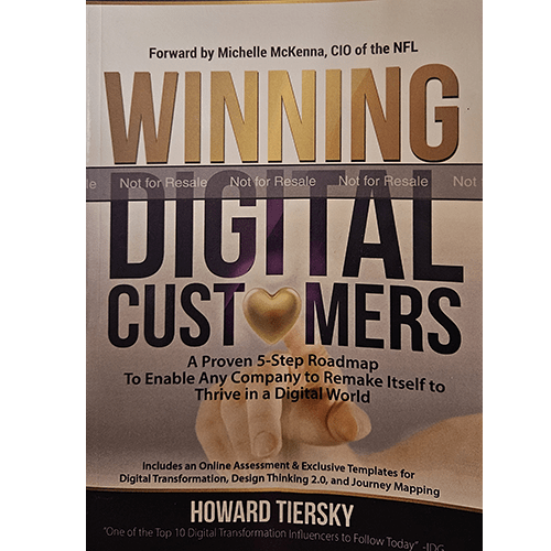 The cover of Winning Digital Customers by Howard Tiersky features bold gold and black text over an image of a handshake, emphasizing the themes of transformation and digital success.