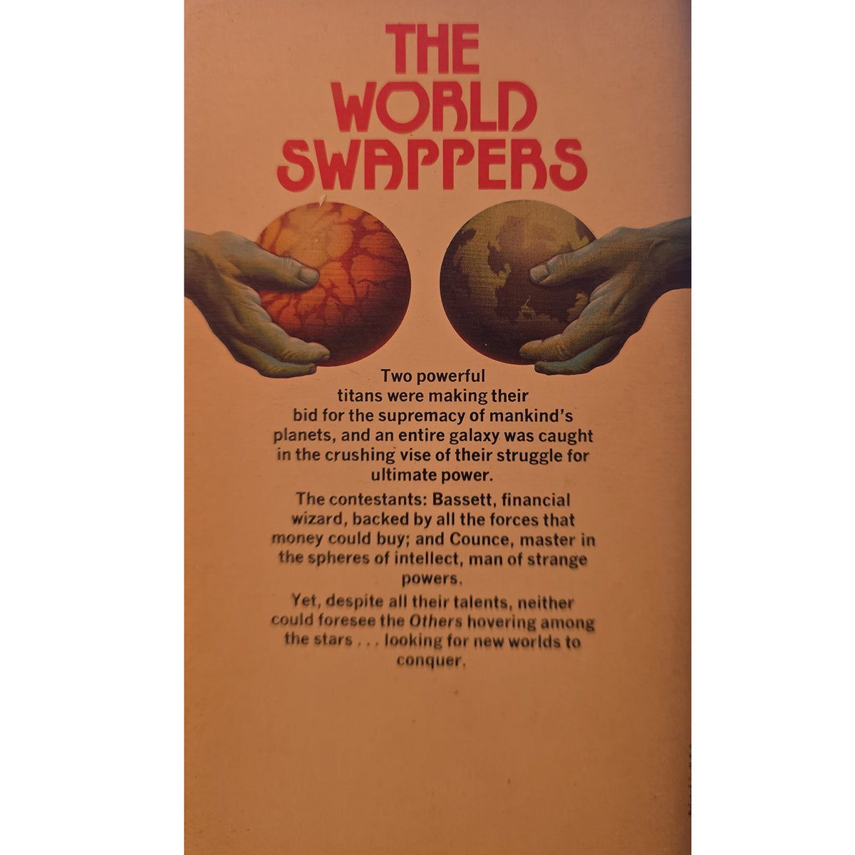 A vintage-back cover titled "THE WORLD SWAPPERS" with red text on a warm brown background, featuring an illustration of two hands holding a glowing orange planet and a block of descriptive text below.