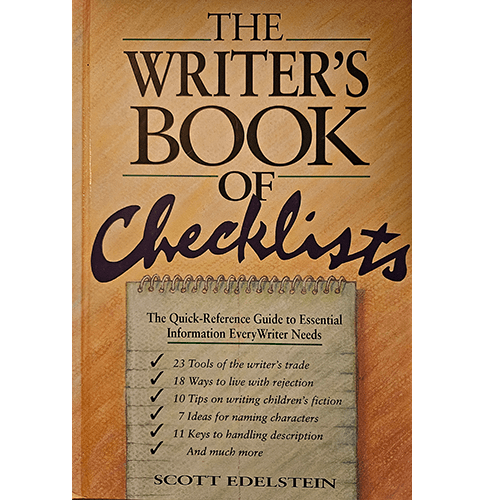 Cover of The Writer’s Book of Checklists by Scott Edelstein, featuring a notepad design with essential writing tips listed in a brown and gold aesthetic.