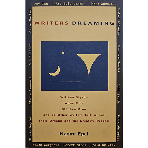 The cover of "Writers Dreaming" features a minimalist design with a navy blue and yellow color scheme. The title is centered with author names like Maya Angelou and Stephen King listed around the edges.