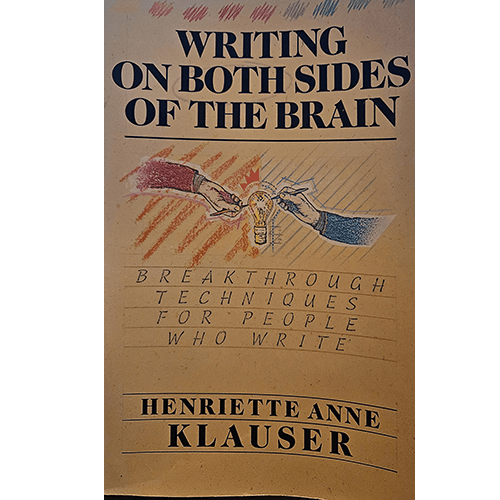 The cover of "Writing on Both Sides of the Brain" by Henriette Anne Klauser features a hand-drawn illustration of two hands exchanging a light bulb, symbolizing the balance of creativity and logic in writing.