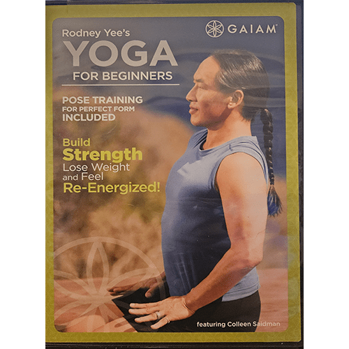 Rodney Yee's Yoga for Beginners DVD cover. Featuring a serene image of Rodney Yee in a yoga pose, it promises strength building, weight loss, and re-energizing benefits for beginners. Gaiam branding.